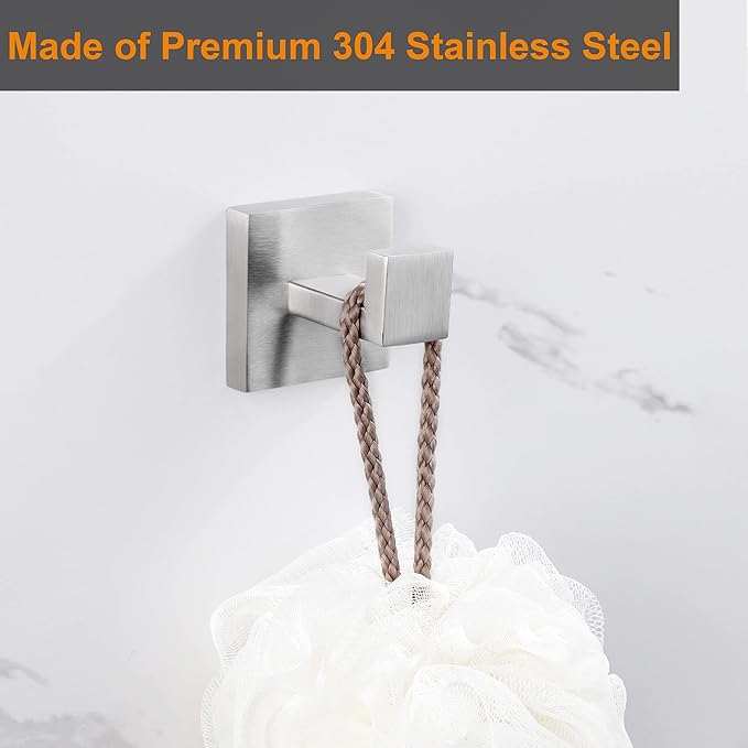 Nolimas Towel Hook Stainless Steel Bathroom Rustproof Clothes Towel Coat Hook Wall Mounted Square Toilet Kitchen, Heavy Duty Door Hanger, 4 Pack, Brushed Nickel