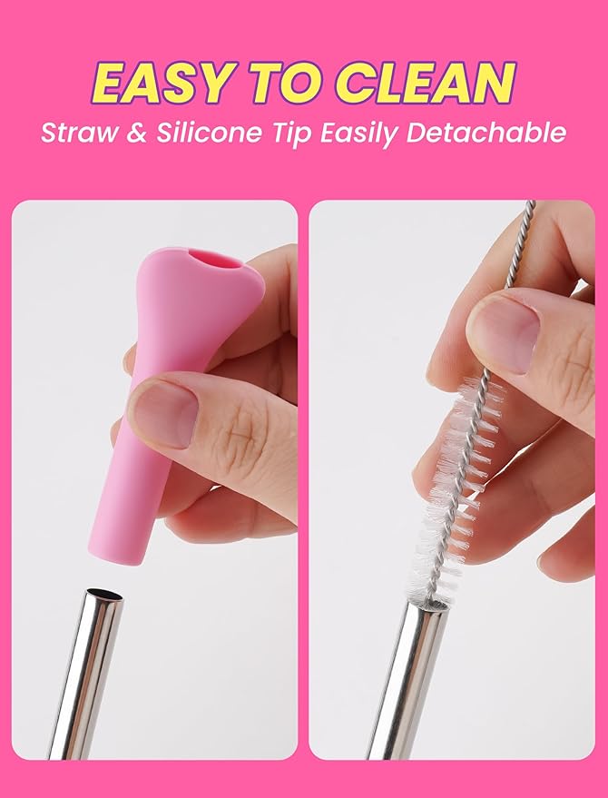 NiHome 6PCS Anti Wrinkle Straws with Silicone Widen Flat Tip Drinking Metal Straw, Fit for Stanley 20/30/40 oz Tumbler, Reusable Wrinkle Free Stainless Steel Long Straw, 2 Brushes & Carry Bag (Pink)