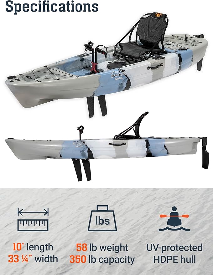 Upgraded Brooklyn 10.0 Pedal Sit-On-Top Kayak by BKC, Lightweight Fishing Kayak with Flipper Pedal Drive, Rudder Steering, 350 lb Capacity, Stable 10 ft Hull, Adjustable Seat, Storage & Rod Holders