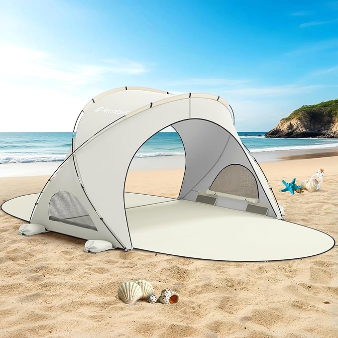 Beach Tent Sun Shelter, Beach Shade Tent with UPF50+ UV Protection, Sun Shelter for 1-3 Person, Beaches Shade with 2 Zippered Doors, Portable Tents for Camping Fishing, Beige