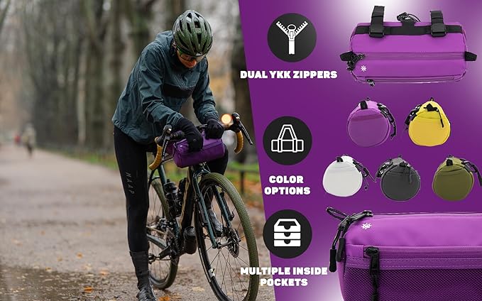 Lumiere & Co. Bike Handlebar Bag - Durable, Multiple Size and Color Options - Dual Elastic Straps, Clips & Hook-and-Loop for Customizable Fit (Purple, Large)