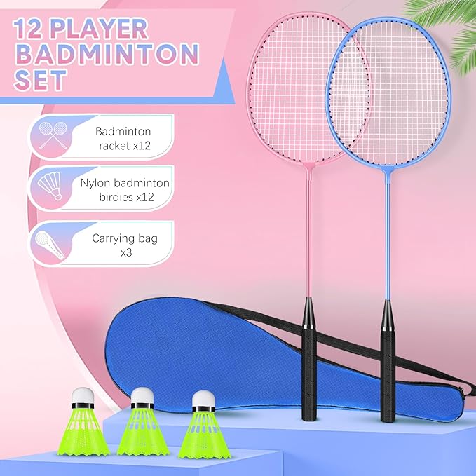 12 Pack Badminton Rackets Set Including Badminton Racquets, Nylon Shuttlecocks and Carry Bag for Outdoor Backyard Games Beginners