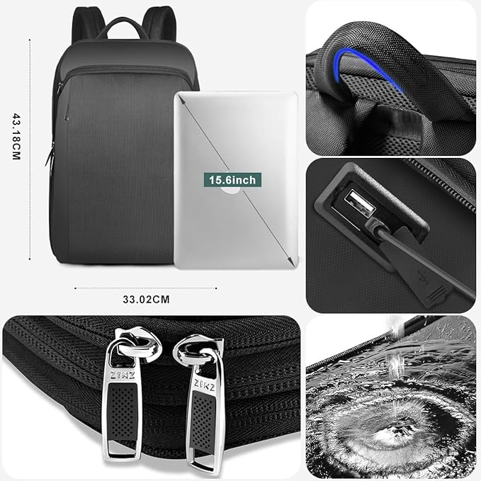 ZINZ Slim and Expandable 15 15.6 16 Inch Laptop Backpack Anti Theft Business Travel Notebook Bag with USB, Multipurpose Large Capacity Daypack for Men & Women,DB01K02