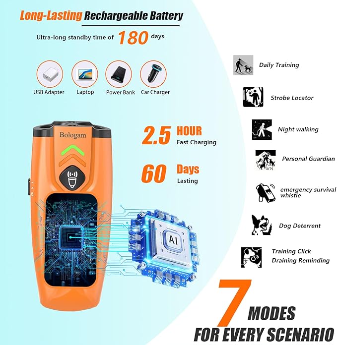 Dog Bark Deterrent Device,Ultrasonic Anti Barking Device,23ft|7modes|Flashlight|Beep,Safe Humane Portable Rechargeable Training Tool For Correcting Behaviors Own Dog/Managing Neighbor'S Barking Dogs