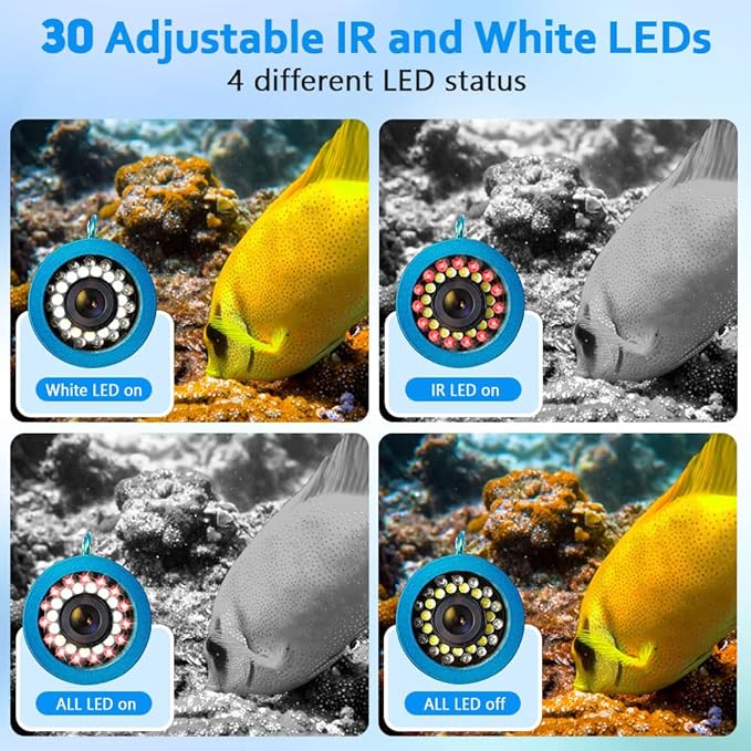 Underwater Fishing Camera with 7 Inch LCD Monitor, HD 1000 TVL Portable Fish Finder, 30Pcs Adjustable LED White Lamp Light, 30M Cable Waterproof IP68 Camera for Ice Lake Sea Boat Kayak Fishing