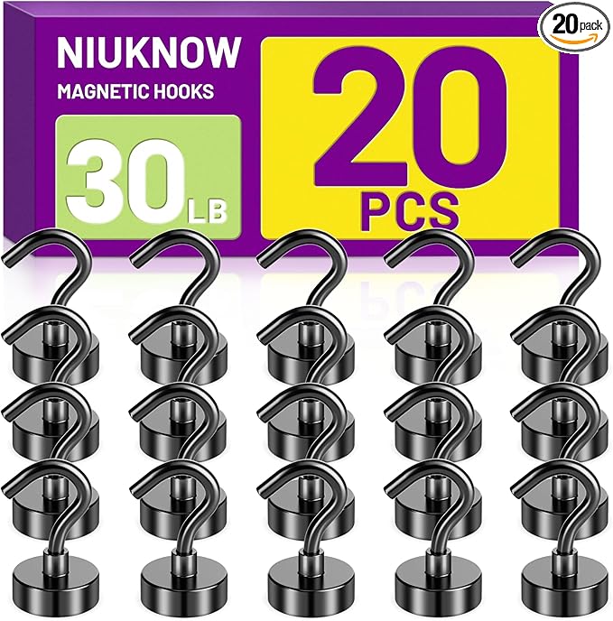 Magnetic Hooks, 20Pack Neodymium Magnet Hook for Hanging, 30LBS Strong Metal Magnet with Hooks Heavy Duty for Classrooms, Cruise, Fridge, Whiteboards, Office, Home and Kitchen