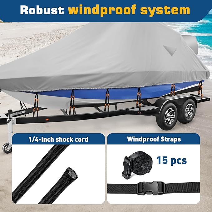 Wake Tower Boat Cover - 900D Marine Heavy Duty Waterproof, Fits 23-25ft V Hull Runabout Ski-Boats, Gray