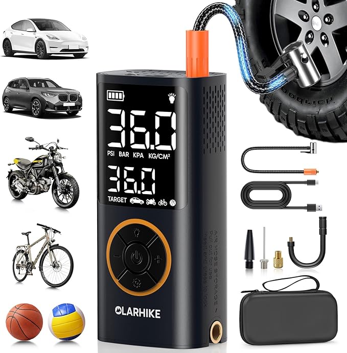 OlarHike Tire Inflator Portable Air Compressor, 6000mAh,Smart Dual Hose System, Auto Air Pump for Car Tires, Bike,Bicycle, Motorcycles, with LED Light & Digital Pressure Gauge，Gifts for Men & Women