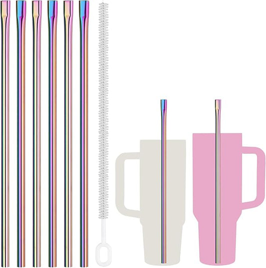 NiHome 6PCS 12" Anti-Wrinkle Flat Tip Reusable Stainless Steel Straws for Stanley 30oz 40oz Tumblers, Wrinkle Free Metal Drinking Straws Lip-Friendly for Iced Coffee, Water (Iridescent, 6 Straight)