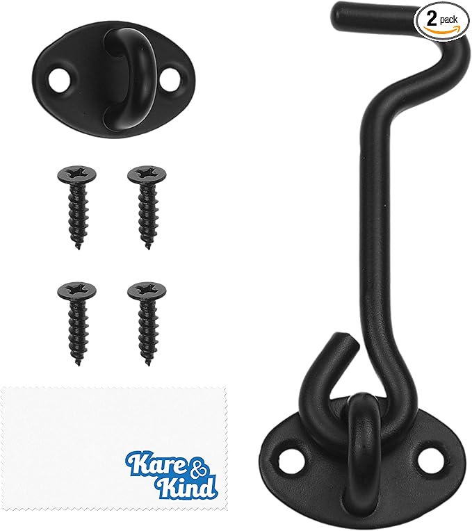 Kare & Kind Hook and Eye Latch (4-inch) - with Mounting Screws - Heavy Duty Locks for Door, Gates, Barns, Bathrooms, Cabins (1-Black)