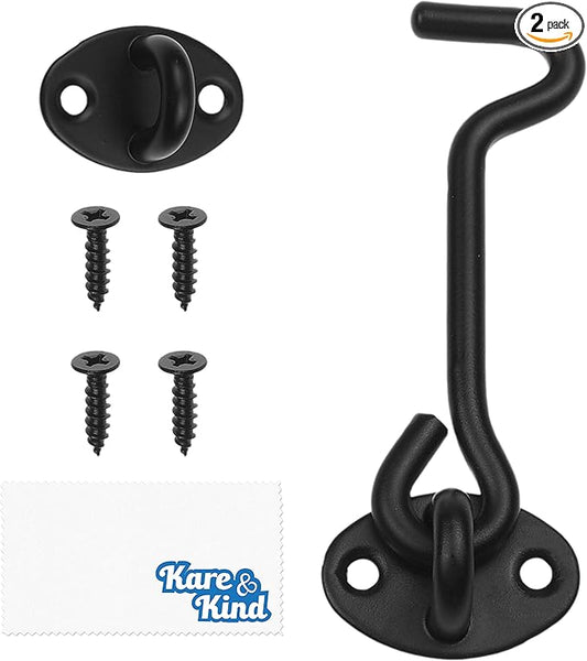 Kare & Kind Hook and Eye Latch (4-inch) - with Mounting Screws - Heavy Duty Locks for Door, Gates, Barns, Bathrooms, Cabins (1-Black)
