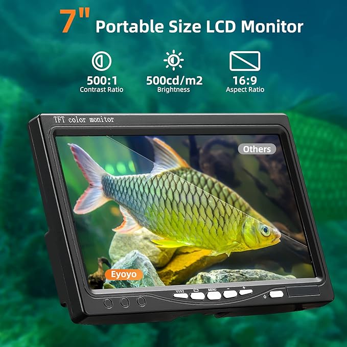 Eyoyo水中釣りカメラ 防水 1000TVLビデオ魚群探知機 7インチ液晶モニター 氷上・湖・ボート釣り用12個の赤外線ライト (50mケーブル)