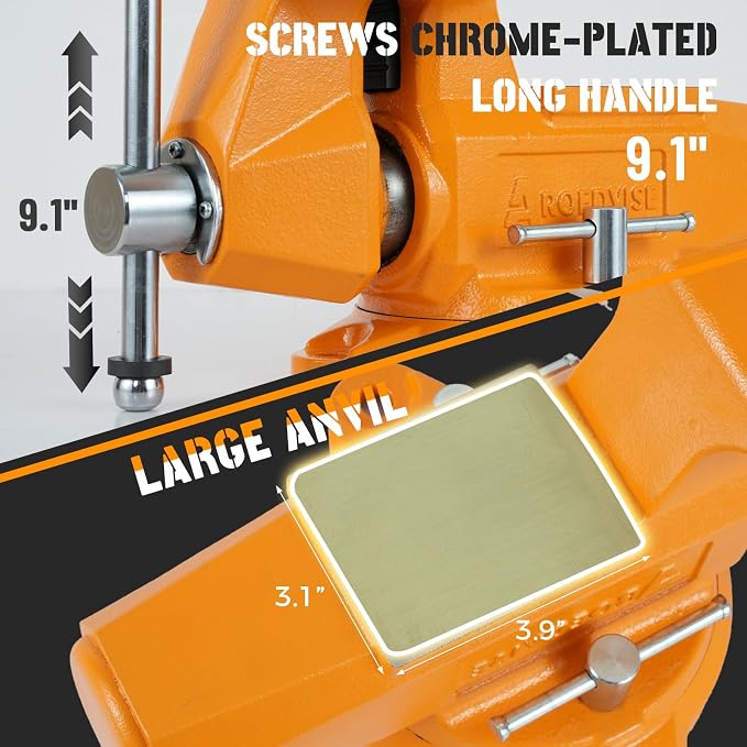 6"Bench Vise, 7"Jaw Opening 360° Swivel Base 4" Throat Depth