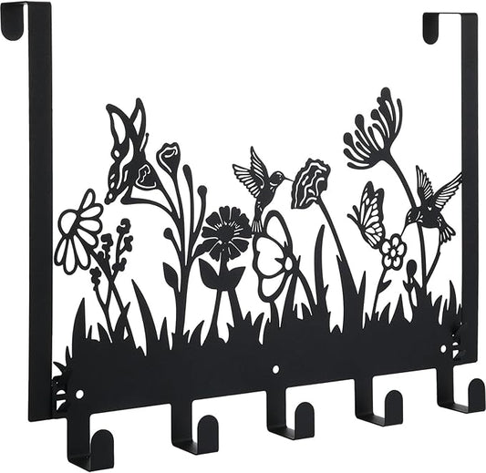 Geelin Metal Hummingbird Flower Over The Door Hooks Wildflowers Over The Door Nature Wall Decor with 5 Hooks Towel Holder for Bathroom Bedroom Kitchen Living Room Home Decor Gift