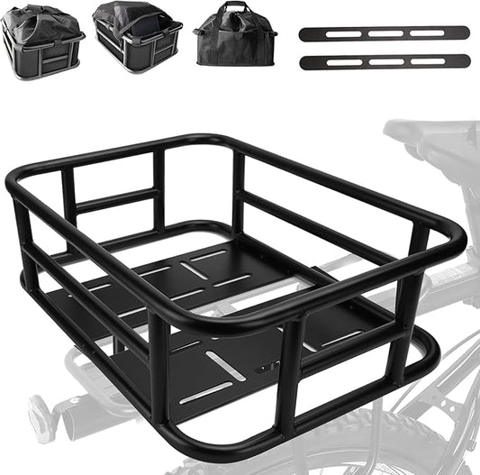 Bike Basket Rear, Bicycle Basket with Liner,Waterproof Cover,Cargo Net, Large Bike Back Baskets, Heavy Duty Rear Bicycle Baskets for Most Bikes and E-Bike