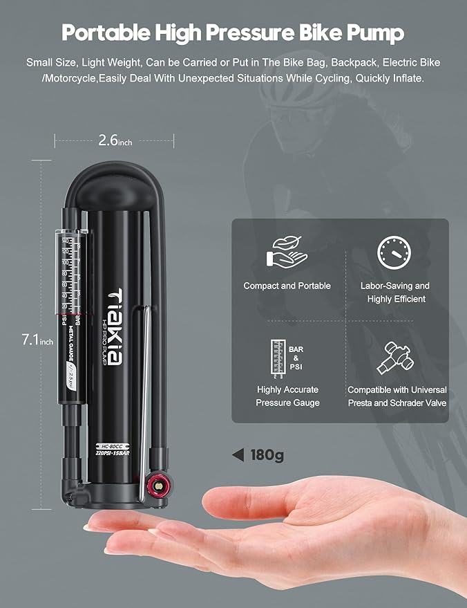 Tiakia Bike Pump with Gauge, High Pressure Bicycle Pump High Volume Portable Hand Air Pump Fit Presta, Schrader Valves Aluminum Bike Tire Pump for Mountain Road Bike, Strollers, Balls