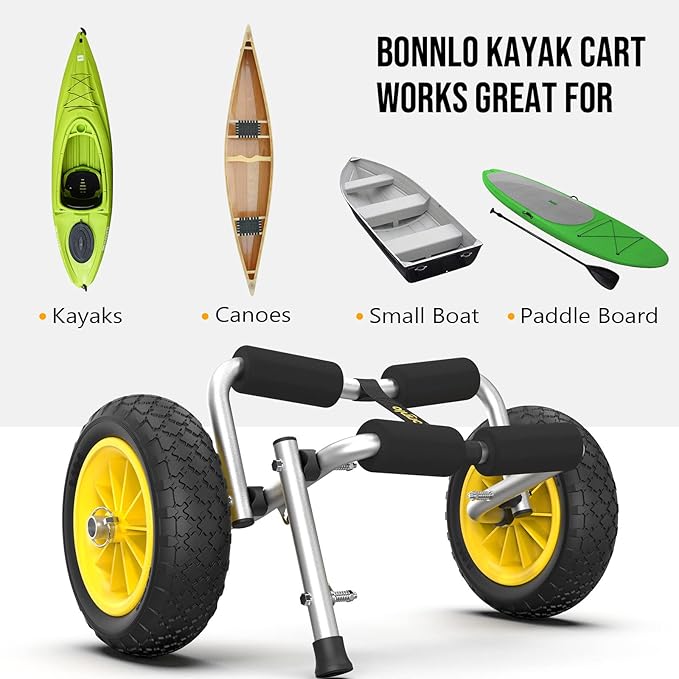 Bonnlo Foldable Kayak Cart, Lightweight Aluminum Alloy Frame, Universal Dolly Cart with 10'' Durable Solid Tires for Canoes, Paddle Boards, Boats, Strong 1.75" Thick Prongs