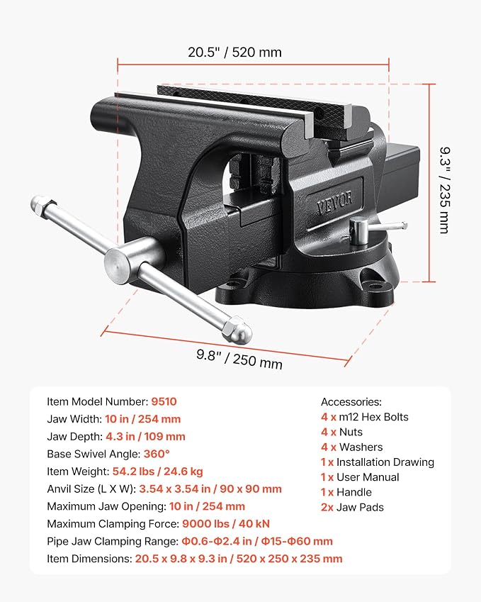 VEVOR Heavy Duty Bench Vise, 10" Jaw Width, Multi-Purpose Ductile Iron Bench Vise with Anvil and 360-Degree Locking Swivel Base, 4.3" Throat Depth, 10" Max Jaw Opening, for Drilling, Pipe Cutting