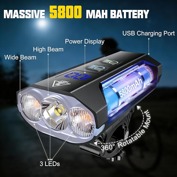 Bike Lights for Night Riding - 8000 Lumens Super Bright Bicycle Headlight Taillight, 5800mAh Rechargeable Bicycle Light with LCD Power Display, Waterproof 13 Modes Mountain Road Bike Light Set