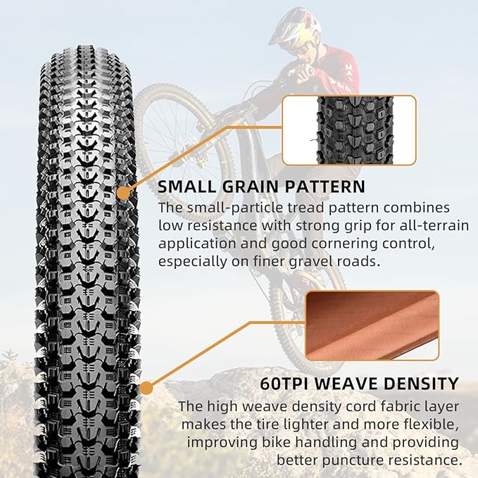 Bike Tires Set:2 Pack 26x2.10, 27.5X 1.95/2.1, 29x2.1/2.25 inch 60 TPI Replacement Bicycle Tires and Inner Tubes with Tire Levers Compatible with Mountain/Off Road Bike