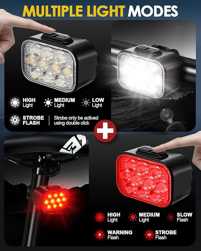 Victoper Bike Light, High Lumens Super Bright Bicycle Lite, 6+4 Modes USB Rechargeable Bike Headlight & Taillight Set, Waterproof Safety Bike Front & Rearlight for Road, Mountain, Night Riding