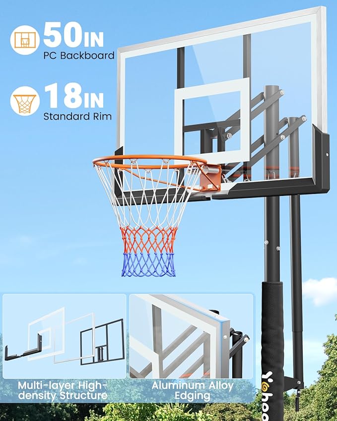 In Ground Basketball Hoop Outdoor 10FT Adjustable Height with Crank, in-Gound Basketball Goal System with 50 Inch Shatterproof PC Backborad and Solid Steel Rim