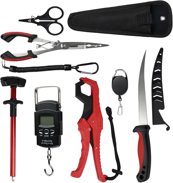 RAWILL Fishing Kit,Filleting Knife,Hook Remover,Fish Grip, Line Cutter,Fishing Scale, Pliers with Lanyards,Not Include Batteries