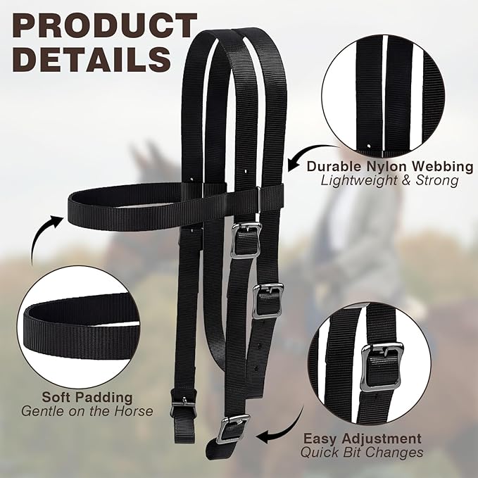 Simgoing 2 Pcs Horse Headstall with Reins, Western Horse Bridle, Nylon Padded Browband, for Horses Trail Riding Equine Tack Supplies Equestrian Lover Gifts, Black