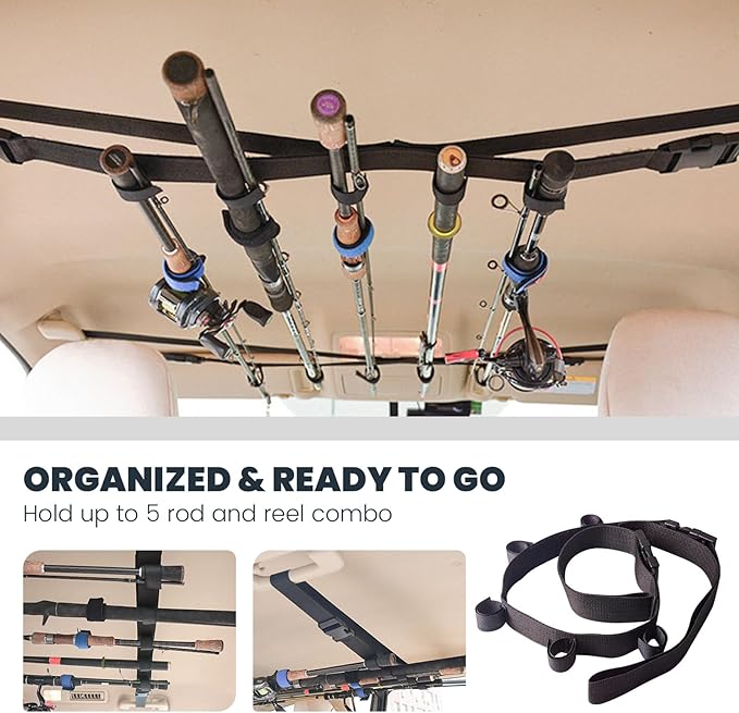 Car Fishing Rod Holder for SUV, Fishing Pole Holder Roof Rack Inside, 5 Rod Capacity, Heavy Duty Nylon Adjustable 30-54 Inch, Fishing Pole Hanger Straps for SUV/Wagons/Van/Jeep/Truck