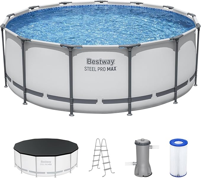 Bestway Steel Pro MAX 13フィート x 48インチ 地上プール、ラウンドメタルフレーム屋外スイミングプールセット、フィルターポンプ、はしご、カバー付き、グレー