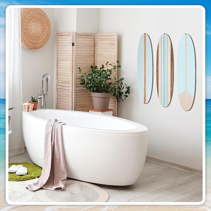 Gerrii 3 Pieces Surfboard Wall Decor 23.6" x 5.4" Preppy Beach Room Decor Aesthetic Large Wooden Cute Beachy Tropical Wall Art for Surfer Bedroom Bathroom Decorations(Blue,Stripe)