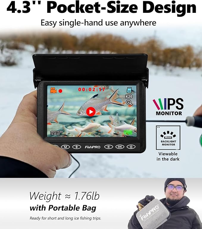[FishPRO® 2026 Upgrade] Underwater Fishing Camera 4.3''- DVR w/32GB [Proven Since 2017] Ice Fishing Camera 1000 TVL w/ 65ft Magnetic-Spool, IR, USB-C, 5000mAh, Portable Fish Finder for Ice Fishing