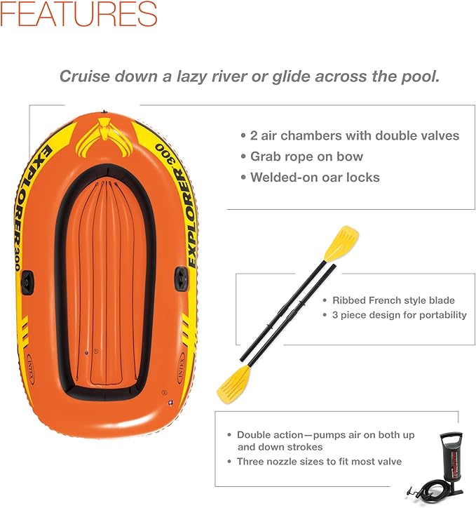 INTEX Explorer Inflatable Boat Series: Dual Air Chambers – Welded Oar Locks – Grab Handles – Bow Rope – Sporty Design