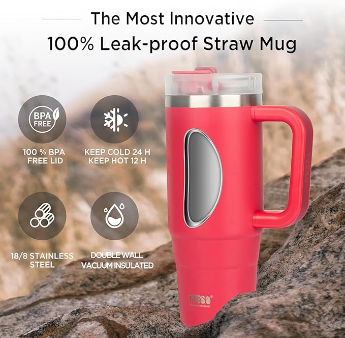 TYESO Vacuum Insulated Tumbler Water Bottle Cold Insulation Stainless Steel Bottle Straw Handle Mug Double Wall Wide Mouth (ROSE RED, 30 oz)