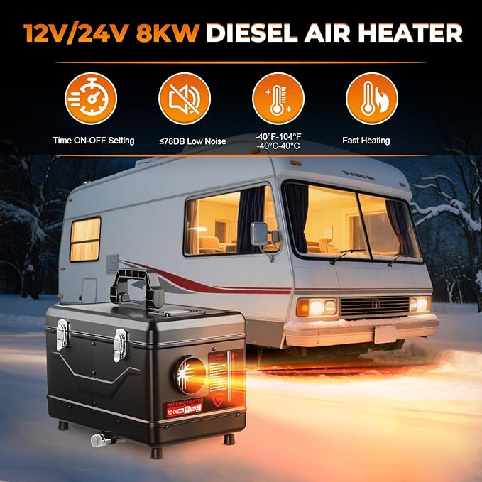 ディーゼルヒーター 12V/24V/110V 8KW ポータブルツールボックス ディーゼルパーキングヒーター APPリモコン・充電器・LCDスクリーン付き 家庭・店舗・ガレージ・RV・トレーラー・ボート・キャンピングカー対応 黒