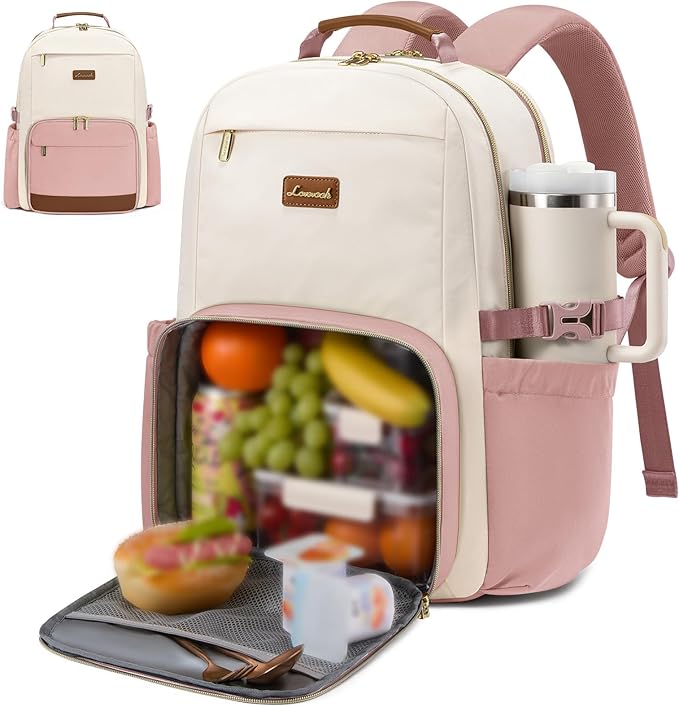 LOVEVOOK Lunch Backpack with Lunch Compartment,15.6 Inch Laptop Work Travel Insulated Cooler Backpack, Waterproof College Teacher Lunch Bag Box with Tumbler Holder,Gifts for Men Women,Beige-Pink-Brown
