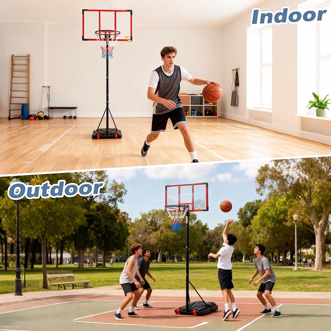DUMOS 10FT Adjustable Height Portable Basketball Hoop Outdoor for Adult, 44 Inch Shatterproof Backboard w/Shock Absorbent Rim, Fillable Base, 2 Wheels for Swimming Pool/Indoor
