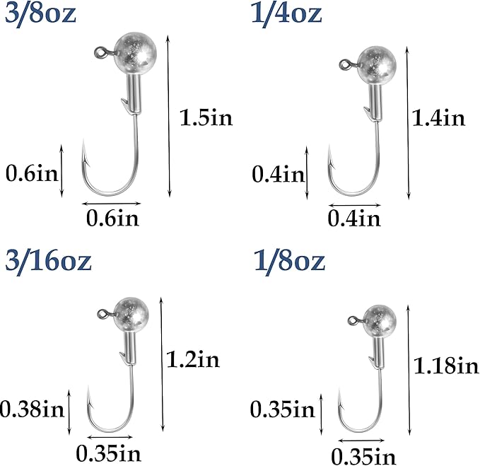 40pack Fishing Jig Heads Set with Hooks Box, Fishing Soft Lures Hooks for Crappie Bass Trout, Saltwater Freshwater Fishing Tackle Kit, 1/8 oz, 3/16 oz, 1/4 oz, 3/8 oz, 10pcs Each Size