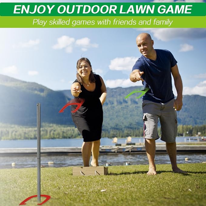 Horseshoes Outside Game - Steel Horseshoe Set - Yard Game Kit with 4 Heavy Duty Horseshoes, 2 Solid 24" Stakes & Carrying Bag - Classic Lawn Games for Adults, Backyard, Camping