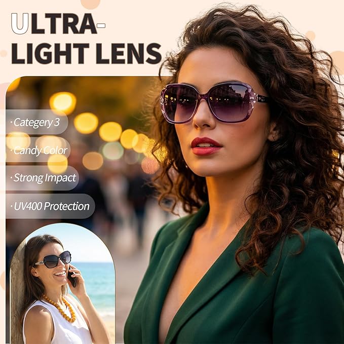 DragonflyDreams レディースビッグサングラス 4点セット UV400対応 オーバーサイズ クラシックトレンド レディーズサングラス スパークリングビッグフレーム
