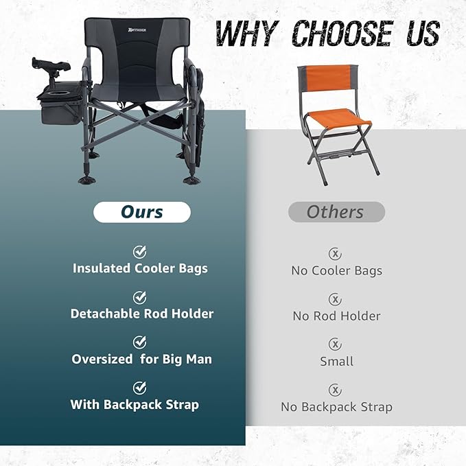 X Strike Fishing Chairs with Rod Holder, Folding Ice Fishing Chair for Adults Outdoor Camping Chair Leg Adjustable with Cooler Bag and Storage Bag for Camp, Lawn, Patio, Garden (Black)