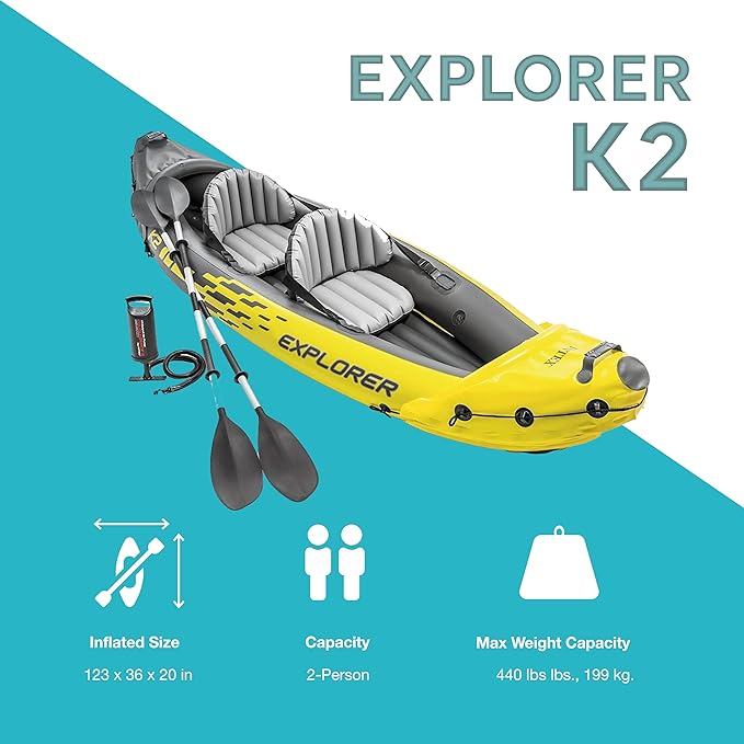 Intex 68307EP Explorer K2 Inflatable Kayak Set: Deluxe 86in Kayak Paddles and High-Output Pump – Adjustable Seats with Backrest – Removable Skeg – 2-Person – 400lb Weight Capacity, 2 Pack