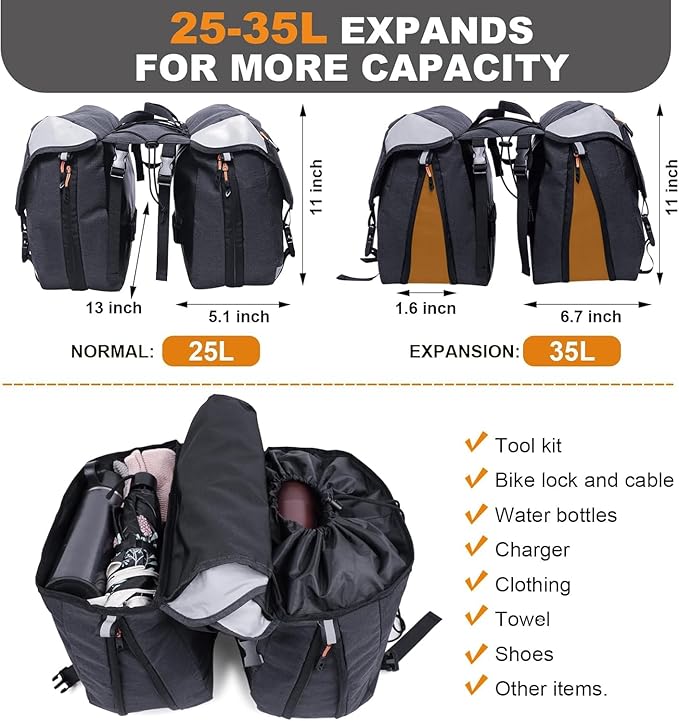 NDakter Bike Panniers, 35L Waterproof Panniers Bike Saddle Bags for Rear Rack, Expandable Double Bicycle Trunk Bag with Reflective Strips,E-bike Accessories for Commute and Mountain Cycling Travel