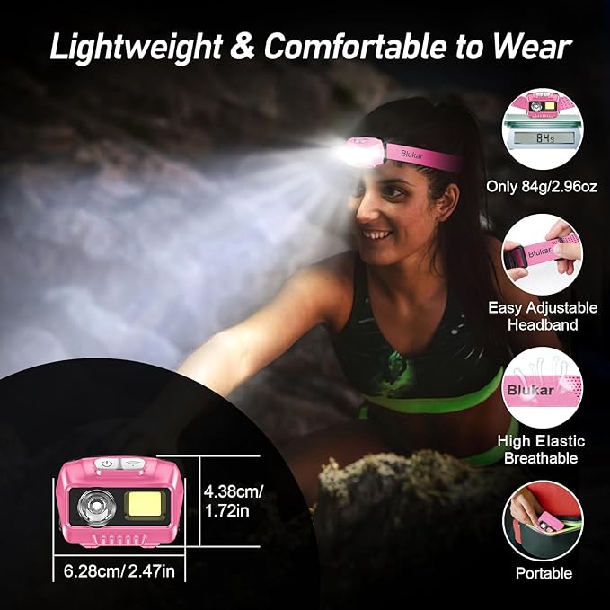 Blukar LED Headlamp,2000L Super Bright Rechargeable Headlight Flashlight with White&Red Light 2 Pack - Motion Sensor,Dimmable Brightness,8 Modes,Spotlight&Floodlight,IPX5 Waterproof for Camping-Pink