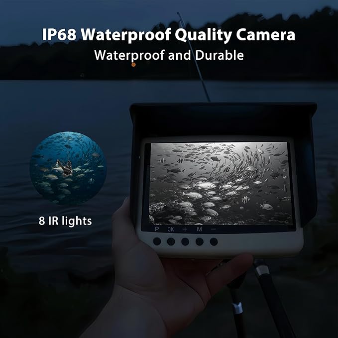 IP68防水水中釣りカメラ（モニター付き） | ナイトビジョン＆深度探知機搭載オールインワンポータブル魚群探知機 | 氷上、湖、海、カヤック、ボート用