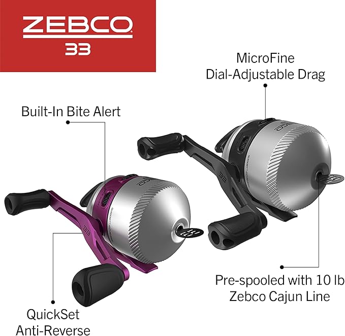 Zebco 33 Spincast Reel and 2-Piece Fishing Rod Combo, 5-Foot 6-Inch Durable Fiberglass Rod, Quickset Anti-Reverse Fishing Reel with Bite Alert