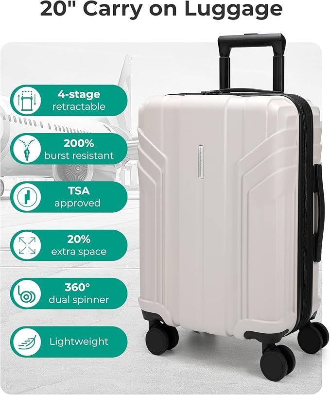 BAGSMART 拡張可能機内持ち込みスーツケース 22x14x9 航空会社承認 100% PC軽量ハードシェル、スピナーホイール付き20インチ旅行かばん、防水ローリングスーツケース、ベージュ