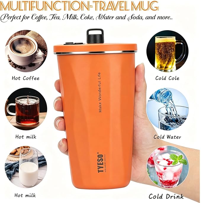 TYESO Stainless Steel Tumbler with straw inside Stainless steel wide-mouth vacuum insulation home office outdoor multi-color thermal and cold insulation cover with 20oz (Orange, 20 oz)