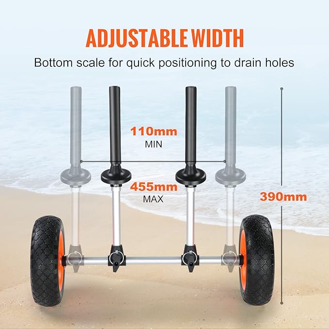 Happybuy Heavy Duty Kayak Cart, 280lbs Capacity, Detachable Canoe Trolley with 10'' Solid Tires, Adjustable Width & Foam Protection, for Kayaks with Drain Holes 2.54cm+