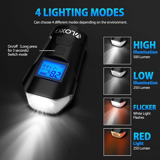 VLOXO Bike Speedometer with LED Bike Light, IP65 Waterproof Bicycle Odometer with Horn LED Front & Tail Light USB Rechargeable Bicycle Computer